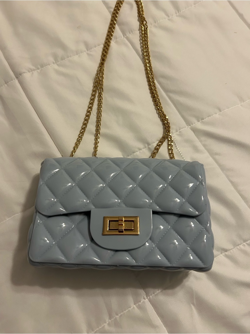 Quilted Light Blue Patent Shoulder Bag with Gold Chain